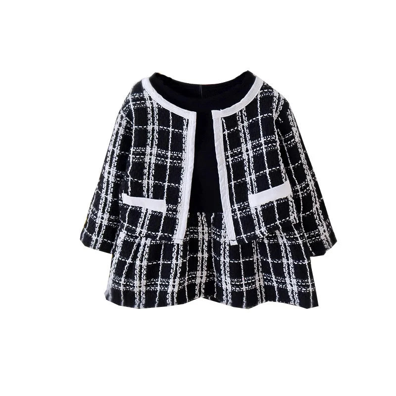 Stylish Little Jacket + Dress Set for Girls Sweet Patchwork Pattern Worested Mixed Clothes for Spring Autumn New Outfit