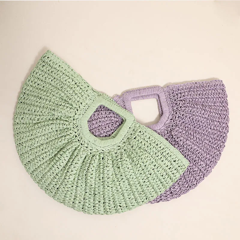Simple Solid Color Hand Woven Straw Bag New Moon Hand Woven Paper Straw Bag Holiday Women Beach Straw Basket