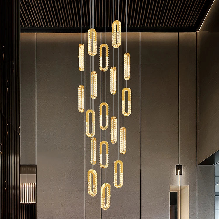 European Style Staircase Pendant Personality Round Led Light Round Chandelier Lamp for Living Room Art Linear Crystal Chandelier