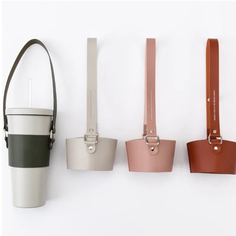 Hot Sale Portable Cylinder Drink Holder PU Leather Anti-scald Reusable Takeout Coffee Cup Holder with Handle Strap