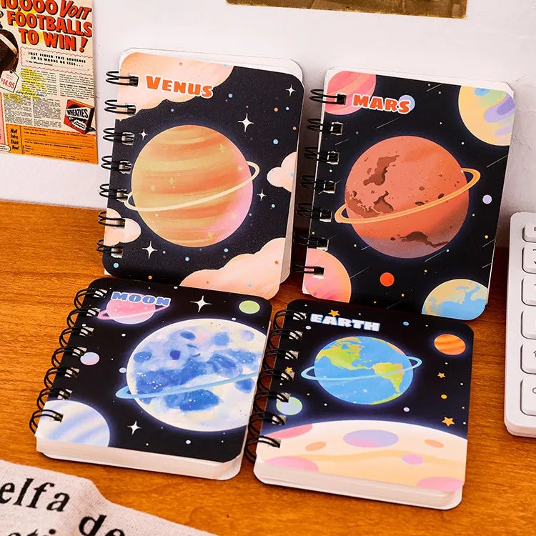 Cartoon Space Planet Blank Pages Spiral A7 Pocket Size Small Journal Notebook for School Students