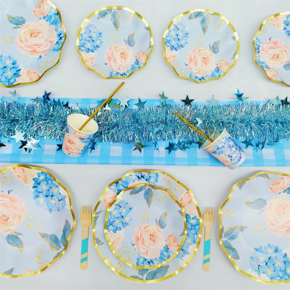 Modern Floral Paper Plates Set Gold Rim Biodegradable Disposable Tableware Eco Friendly Party Supplies