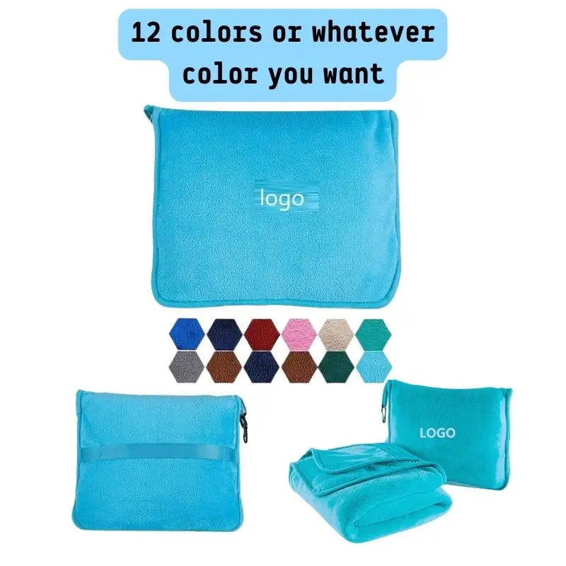 Wholesale Custom Design Portable Ultra Soft and Cozy Office Travel Pillow Car Fleece Blanket with Bag Set in Pouch