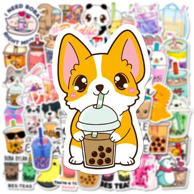 Funimost 50pcs Kawaii Bubble Tea Cute Cartoon PVC Boba Stickers Waterproof Vinyl for Girls Teens Kids Adults Promotional Style