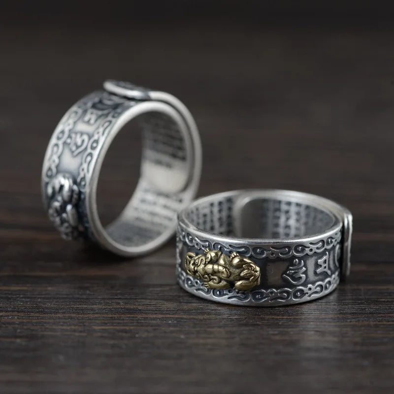New Arrival Silver S990 Vintage Heart Sutra Scripture Ring for Men and Women Opening Adjustable Pixiu Silver Hand Jewelry Hiphop