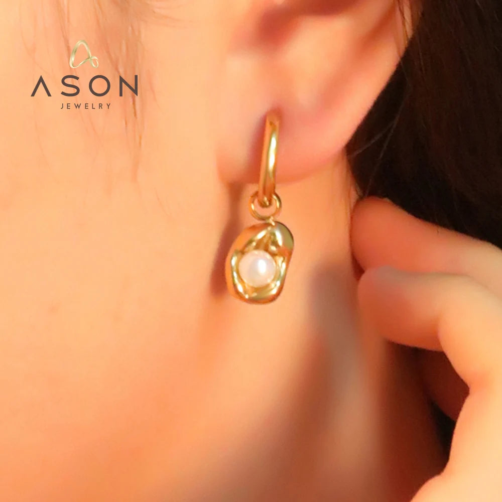 Ason Hot Sale Trend Fashion Women Jewelry Waterproof Stainless Steel 18K Gold Plating Irregular Geometric Pearl Hoop Earrings
