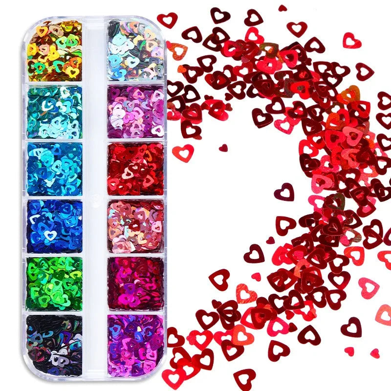 Nail Art Designs 12 Grids Hollow love Sequins  Love Heart Sequins for Nail Art Decoration