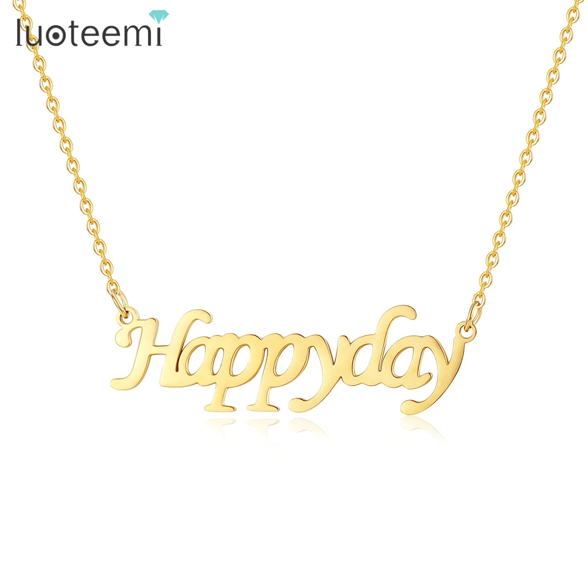 SP-LAM Charm Pendant Happy Letters Stainless Steel Jewelry Chain Dainty Simple Letter Necklace