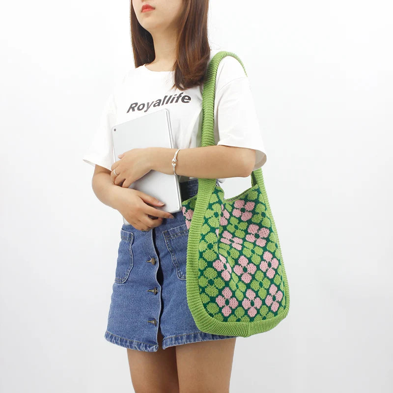 New Fashion Korean Lady Women's Shoulder Tote Bag Floral Geometric Pattern Vintage Open Closure Portable All Seasons Daily Use