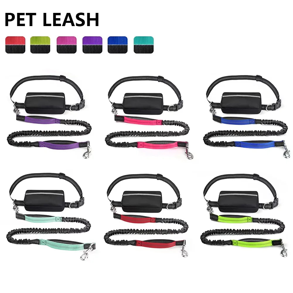 Adjustable Hand Free Dog Running Leash with Waist Bag Dual Neoprene Handle Reflective Nylon Dog Walking Lead