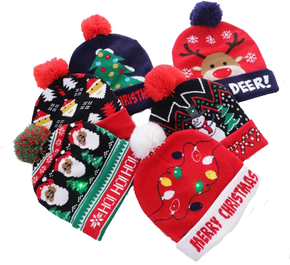 Unisex LED Light-up Ugly Christmas Sweater Hat Novelty Knitted Xmas Beanie Cap for Party