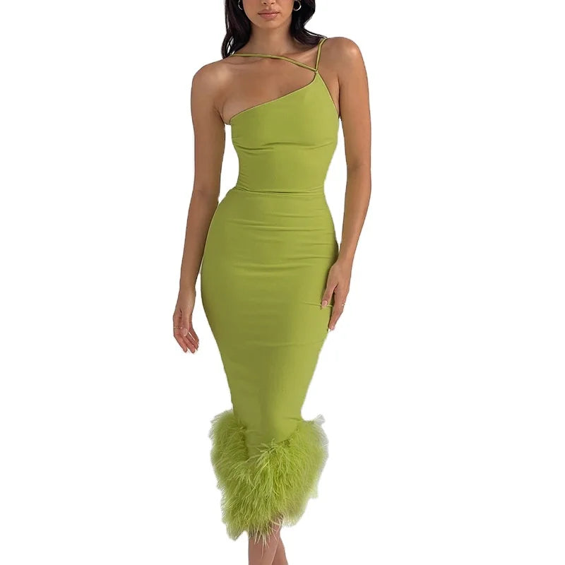 Supplier Clothing Green One Shoulder Strap Vestidos Para Fiesta Fur Bodycon Dresses Women Lady Elegant New Arrival