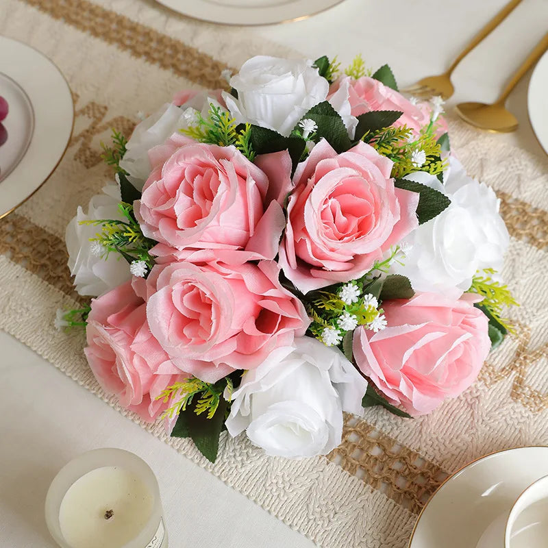 15 Realistic Silk Rose Hemispherical Flower Arrangements Durable Party and Dining Decoration Artificial Flowers