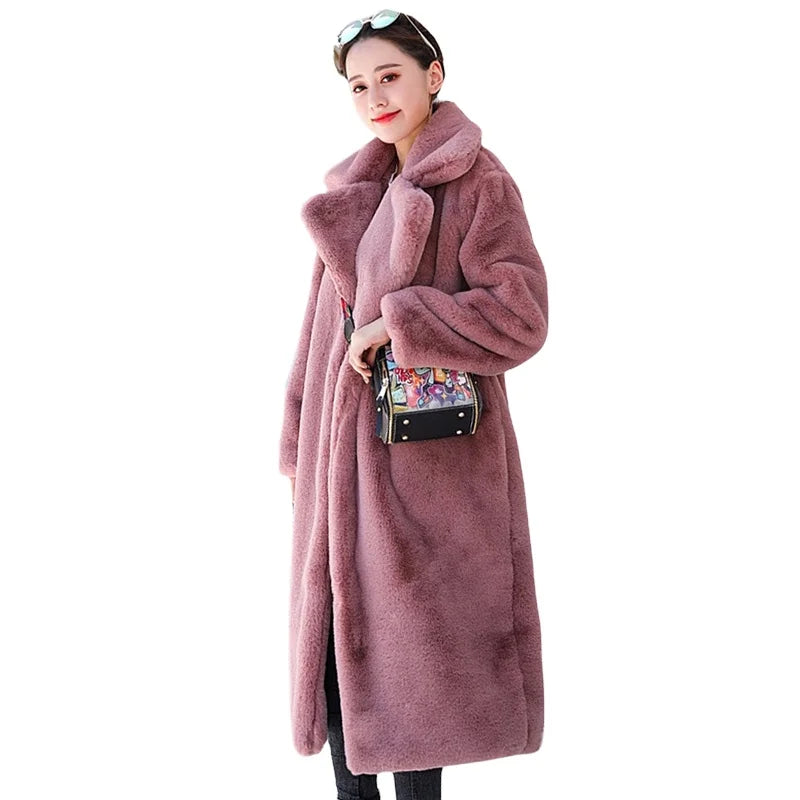Winter Women High Quality Faux Rabbit-Fur Coat Luxury Long Fur Coat Loose Lapel OverCoat Thick Warm Plus-Size Female Plush Coats