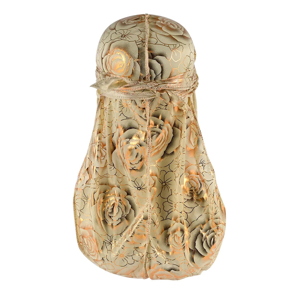 Bronzing Polyester Silky Durags Designer Long Straps Men Durag Wholesale Designer Floral Flower Durag for Men