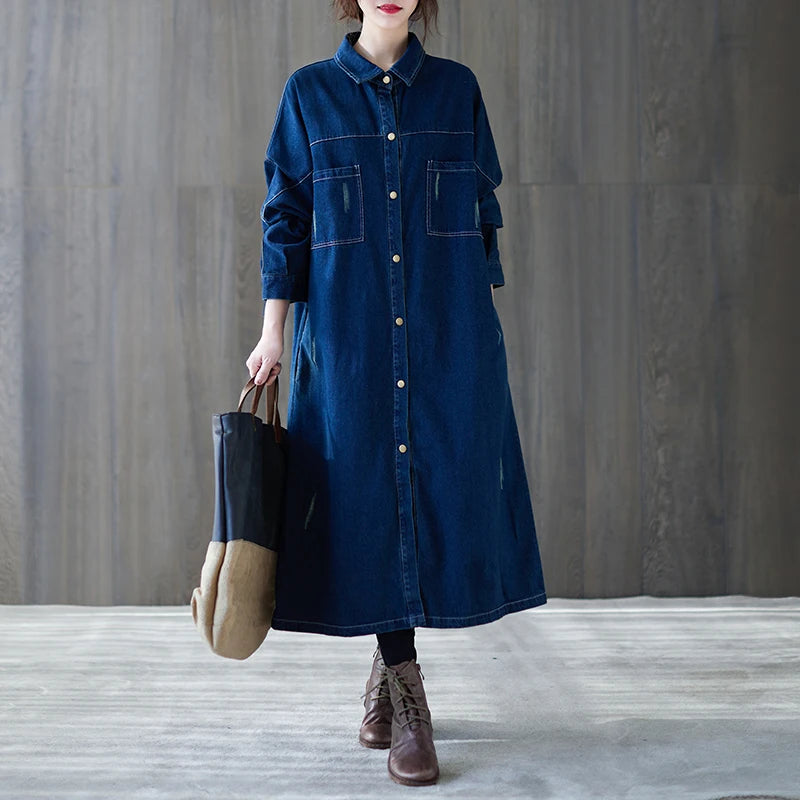 Wholesale 2026 Spring New Knee-length Denim Shirt Dress Large Size Belly Covering Thin and Loose Women's Dress