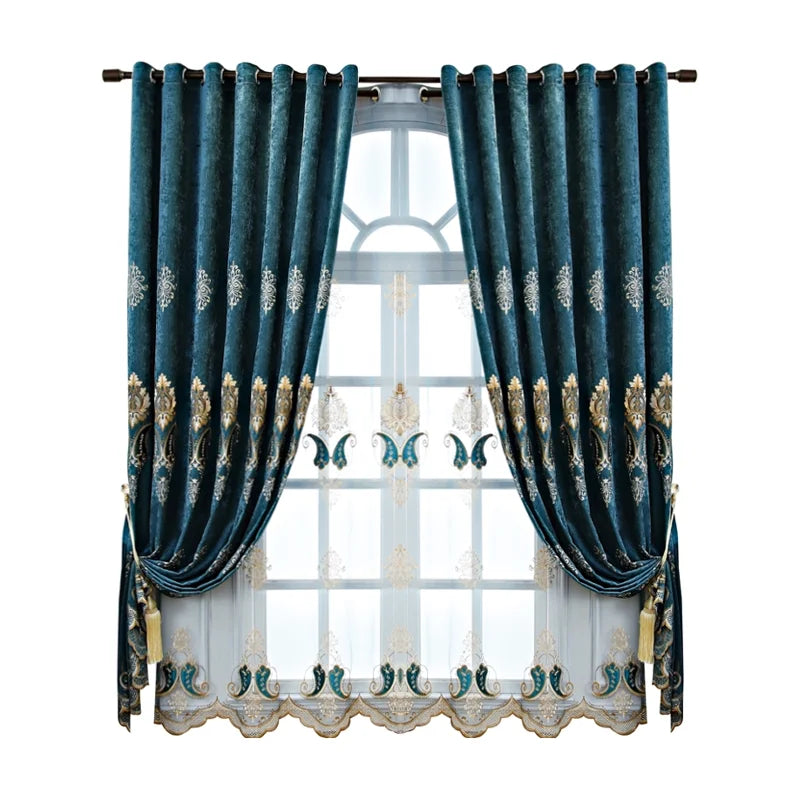 Luxurious European Chenille Embroidered Curtain Ready Made Embroidery Blackout Curtains for Living Room Dining Room