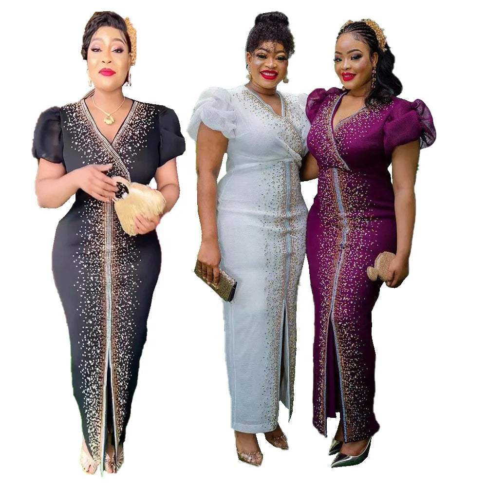 Luxury Polyester African Party Dress with Rhinestone Kanga Clothing Women's Casual Ankara Mesh Gauze