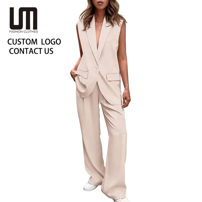 Liu Ming Wholesale Office Outfits 2 Piece Sleeveless Blazer Tops and Women Clothing Pants Set
