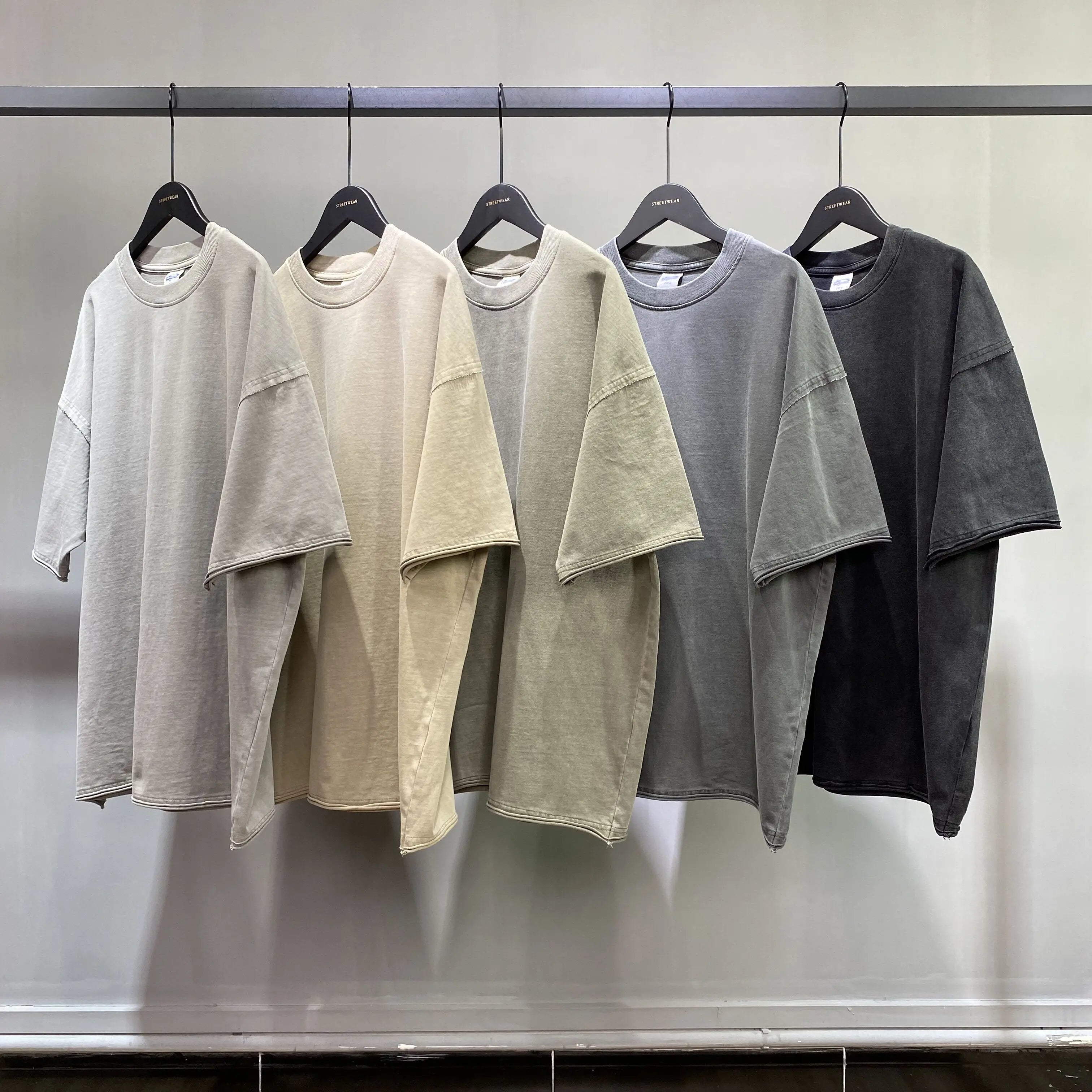 Men's Wholesale Thick Custom-made 100% Cotton Acid-washed Plain Weave Oversized Loose Shirt-style Retro Streetwear Box T-shirt