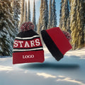 Fleece Lined Knitted Hat Jacquard Letter Pattern Pompom Beanie Thick Warm Winter Skullcap for Sports Custom Red Sports Team Hats