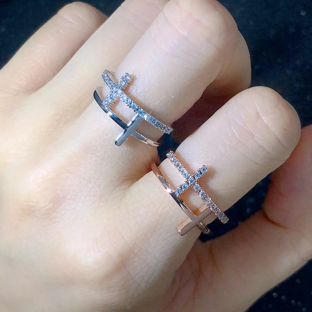 Double Cross Rings for Women Simple Micro-set Cubic Zirconia Copper Rose Gold Trendy Finger Accessories Female Jewelry Gift