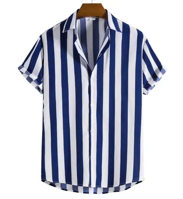 Fashion Mens Short Sleeve Blouse Shirts Striped Print Beach Style Holiday Tops Shirt Size 2XL
