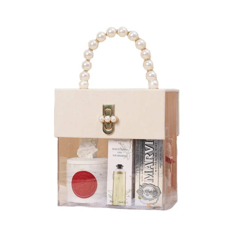 New Design Transparent Acrylic Square Hand Gift Box With Plastic Bead Handle Suitable for Wedding Birthday Holiday Gift
