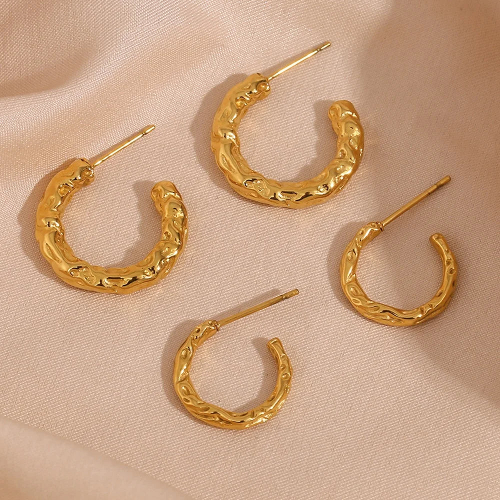Dreamshow Hammered Texture Hoop Earring 18K Gold Plated Stainless Steel Statement Earrings Women Jewelry
