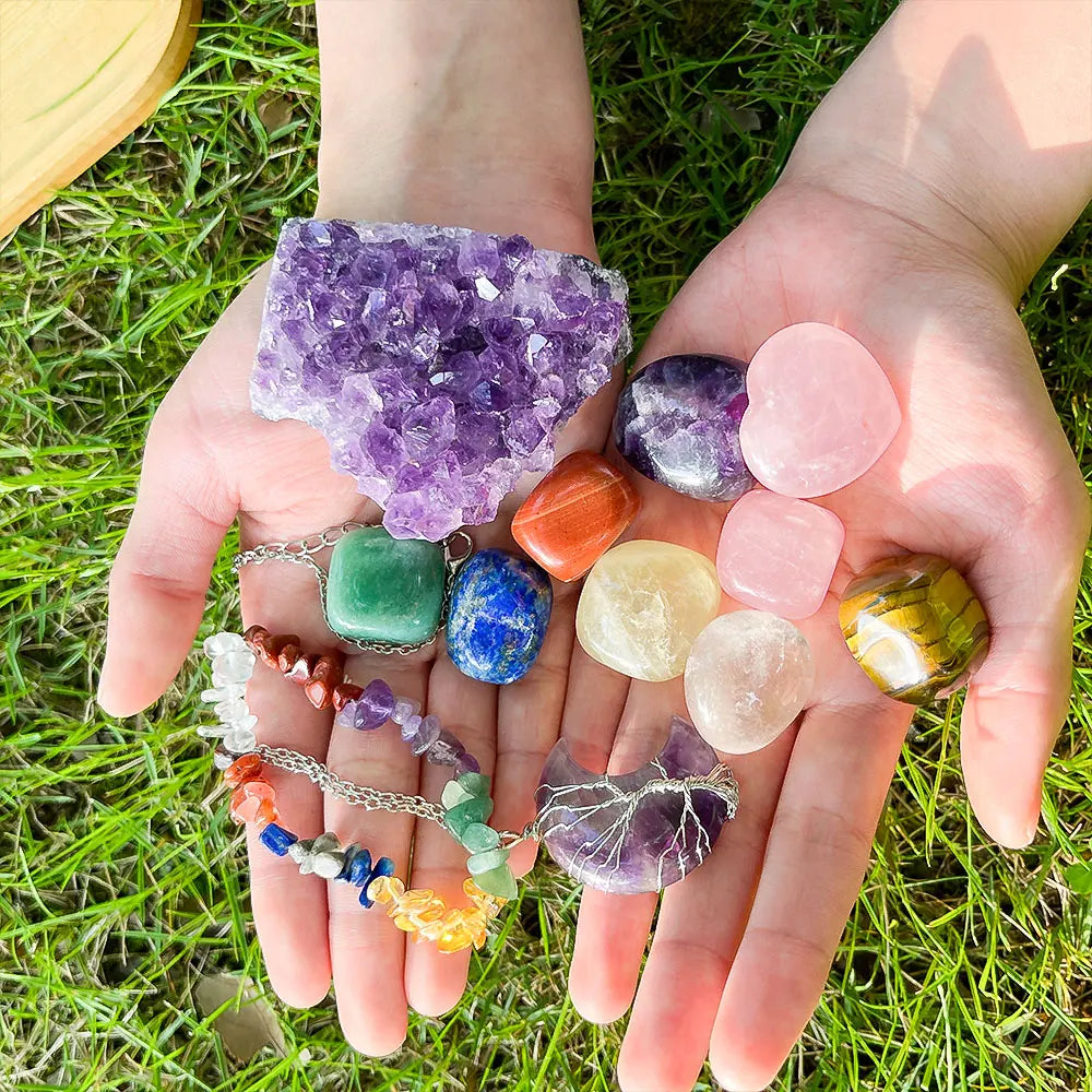 12PCS Chakra Stones Crystal Box Set Bracelet & Spiral Pendant Necklace Spiritual Gifts for Meditation Therapy Reiki Balancing