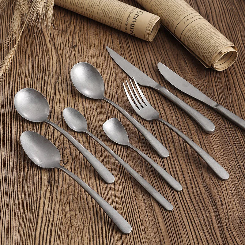 304 Stainless Steel Kitchen Cutlery Set Retro Scrub Knife Fork Spoon Set Dessert Fork Chopsticks Vintage Restaurant Cutlery Set