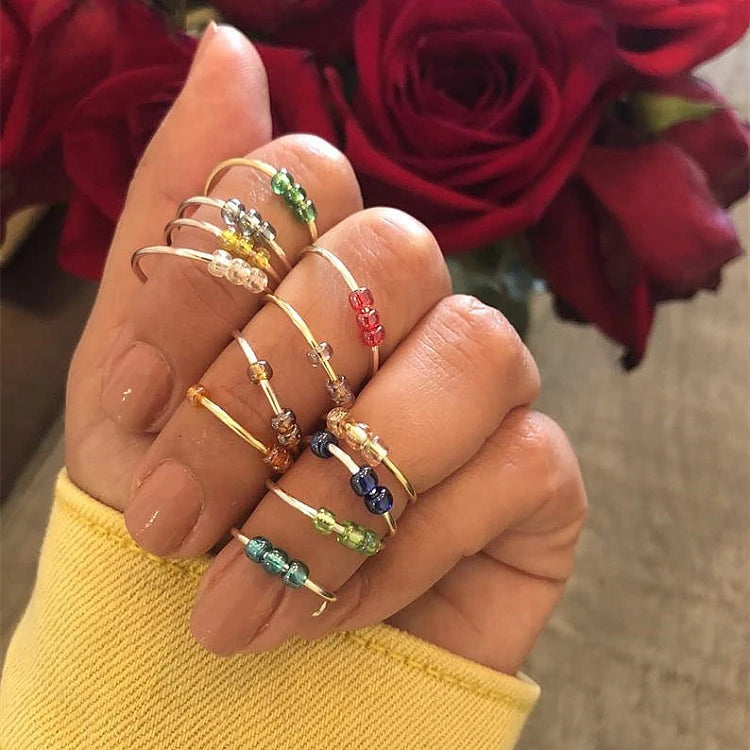 G356 Relax Pressure Glass Beaded Ring Women Reduce Anxiety Fidget Adjustable Exquisite Jewelry Folding Bead Rings
