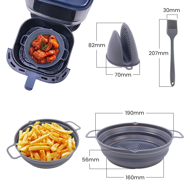 Heat-Resistant 7.5 Inch Reusable Silicone Air Fryer Baking Tray Mat Pan Set Airfryer Liners Silicone Pot With Gloves & Oil Brush