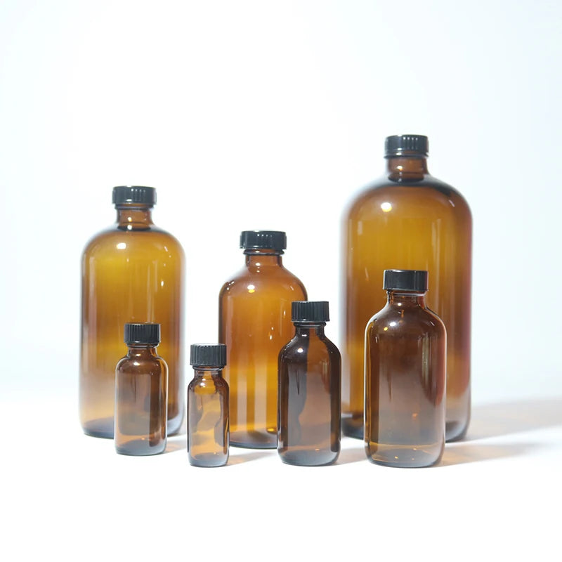 Brown Boston Glass Essential Oil Dropper Spray Bottle Multi-Capacity Custom Cap Crown Sealed Screen Printed Custom Logo Cosmetic