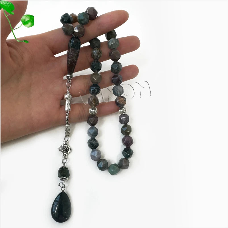 Natural Indian Agate 10mm 33 Beads Gold Plated Silver Islamic Prayer Beads Muslim Tasbih Misbaha Handmade Bracelet