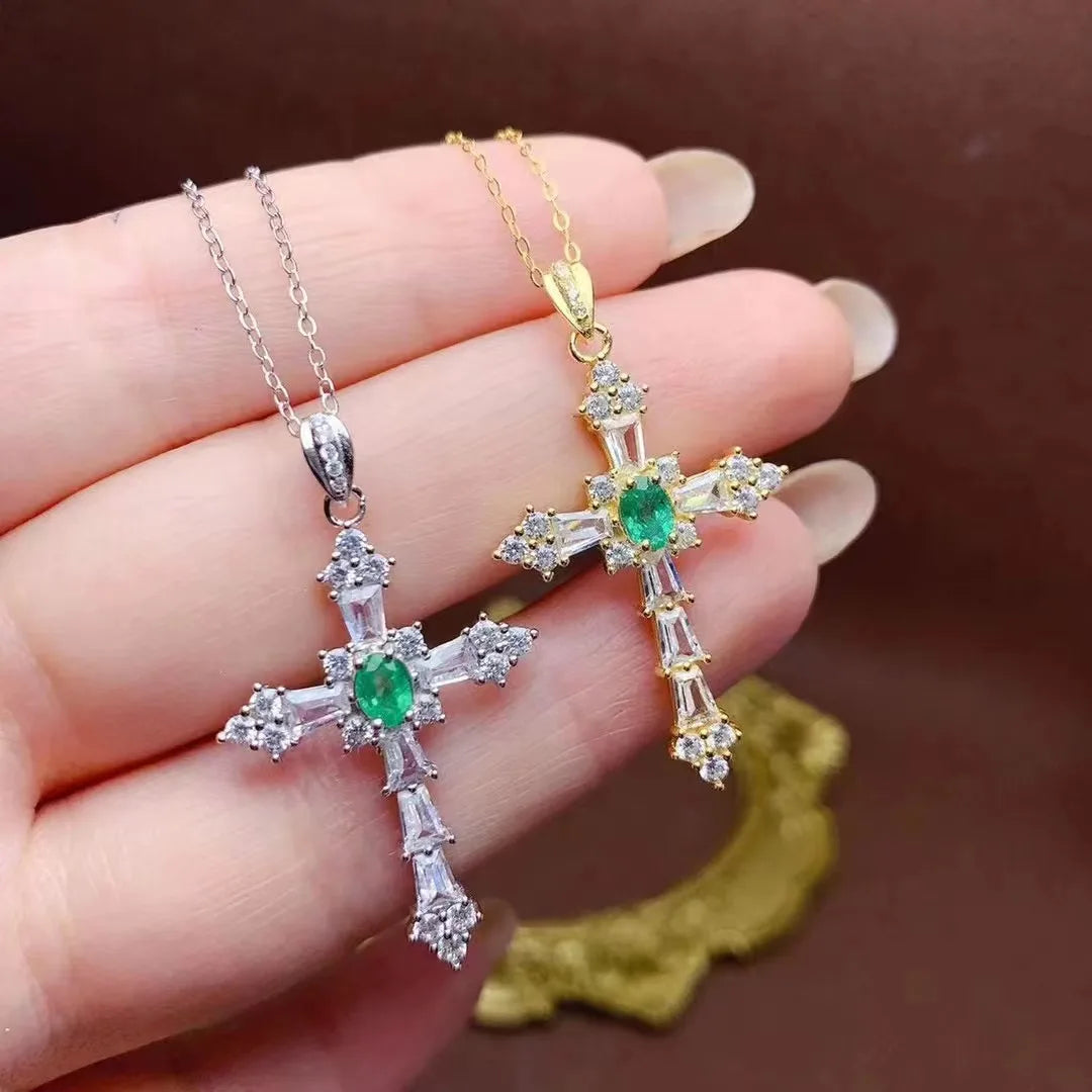 Good Price Hip Hop 925 Sterling Silver Natural Emerald Gemstone Cross Charm Women Pendant Necklace