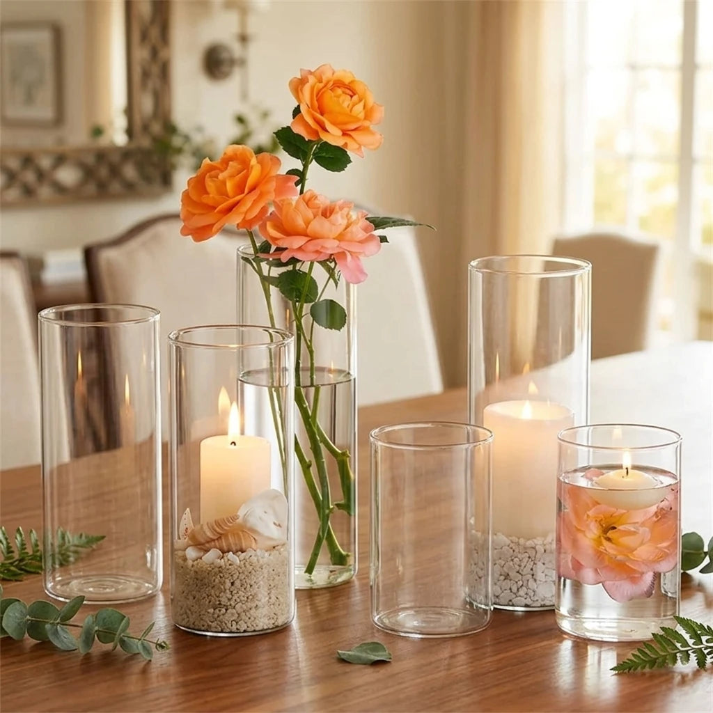 CE FCC ROHS Certified Luxury Clear Cylinder Glass Vase Lead Free Heat Resistant Anti Slip Anti Drop Reusable Glass Candlestick
