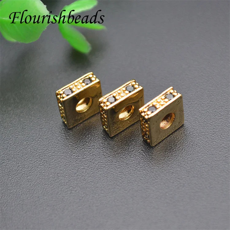 Anti Fading 18K Gold Plated Metal Brass Black CZ Pave Square Spacer Beads for DIY Woman Jewelry Bracelet Making Supplier