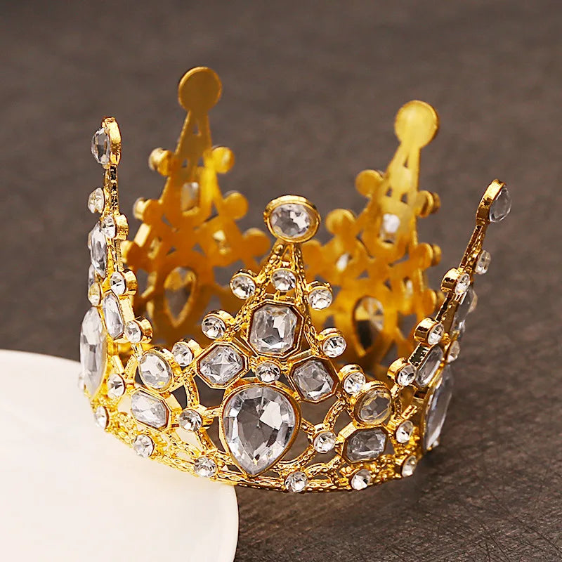 Wholesale Children's Retro Head Crown Bride Jewelry Birthday Decorative Ornament Round Rhinestone Jewelry 6cm Gold Alloy Crown
