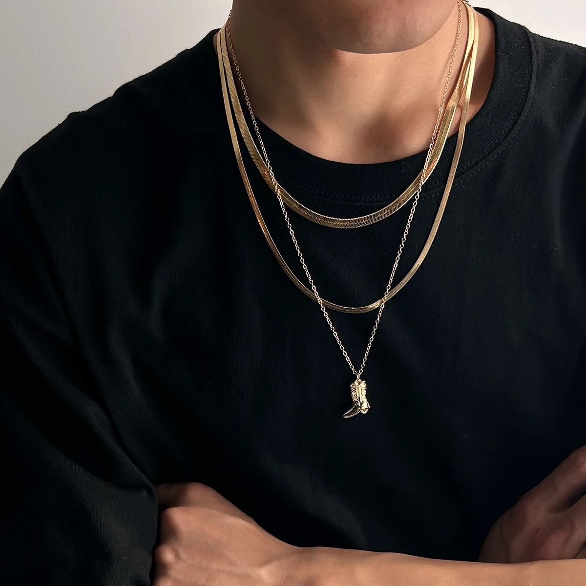 3Pcs/Set Trendy Flat Snake Chains Boots Pendant Necklace for Men Hiphop Male Street Wear Choker Fashion Jewelry Accessories Gift