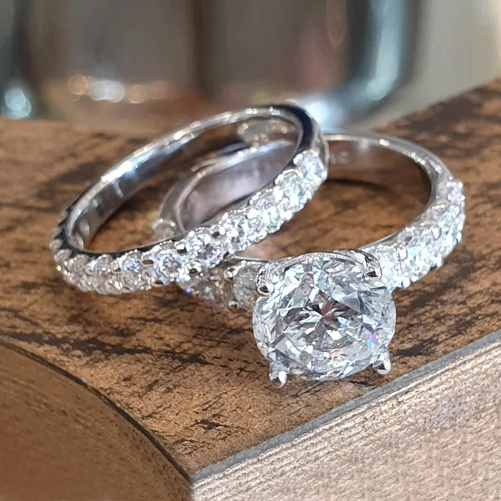 Huitan Bride Bague Eternity Full Round Diamonds Ring Set Glitter Rings Women Luxury Silver Classic Wedding Ring Sets
