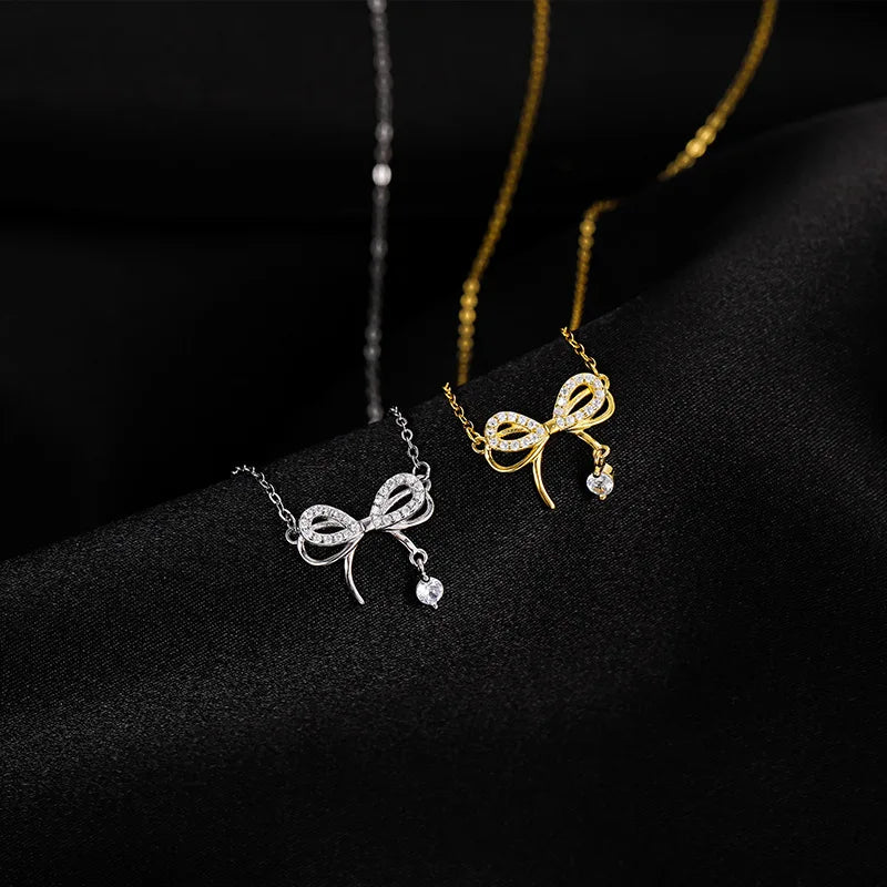 Wholesale Fashion Jewelry 925 Sterling Silver Bow Zircon Dangling Gold Plated Clavicle Necklaces Jewelry for Women