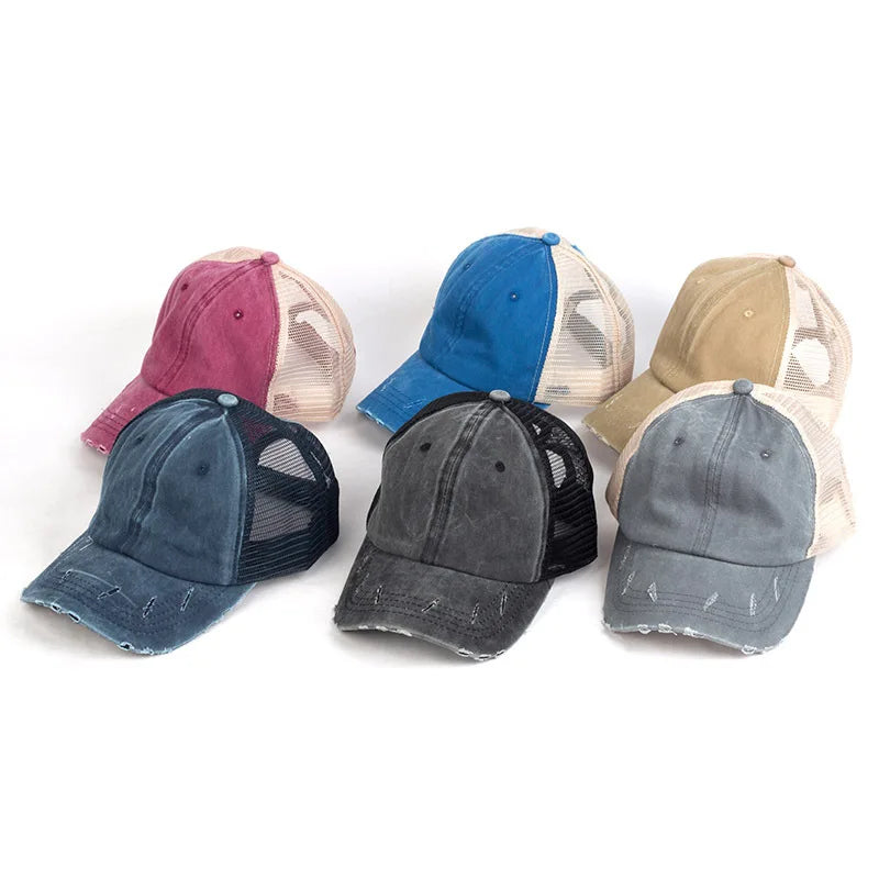 Custom Unisex Distressed Washed Ponytail Trucker Hat Mesh Sports Snapback Baseball Caps for Outdoor Beach