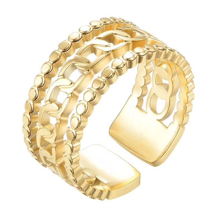 18K Gold Plated Stainless Steel Jewelry Chain Bead Three Layer Open Hollow Wide INS Accessories Rings R224153