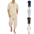 Summer Men's Set Casual V-neck Short Sleeved Top Loose Design Shirt Cropped Pants Cotton Linen Breathable Sports Set