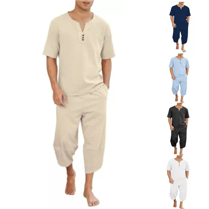 Summer Men's Set Casual V-neck Short Sleeved Top Loose Design Shirt Cropped Pants Cotton Linen Breathable Sports Set