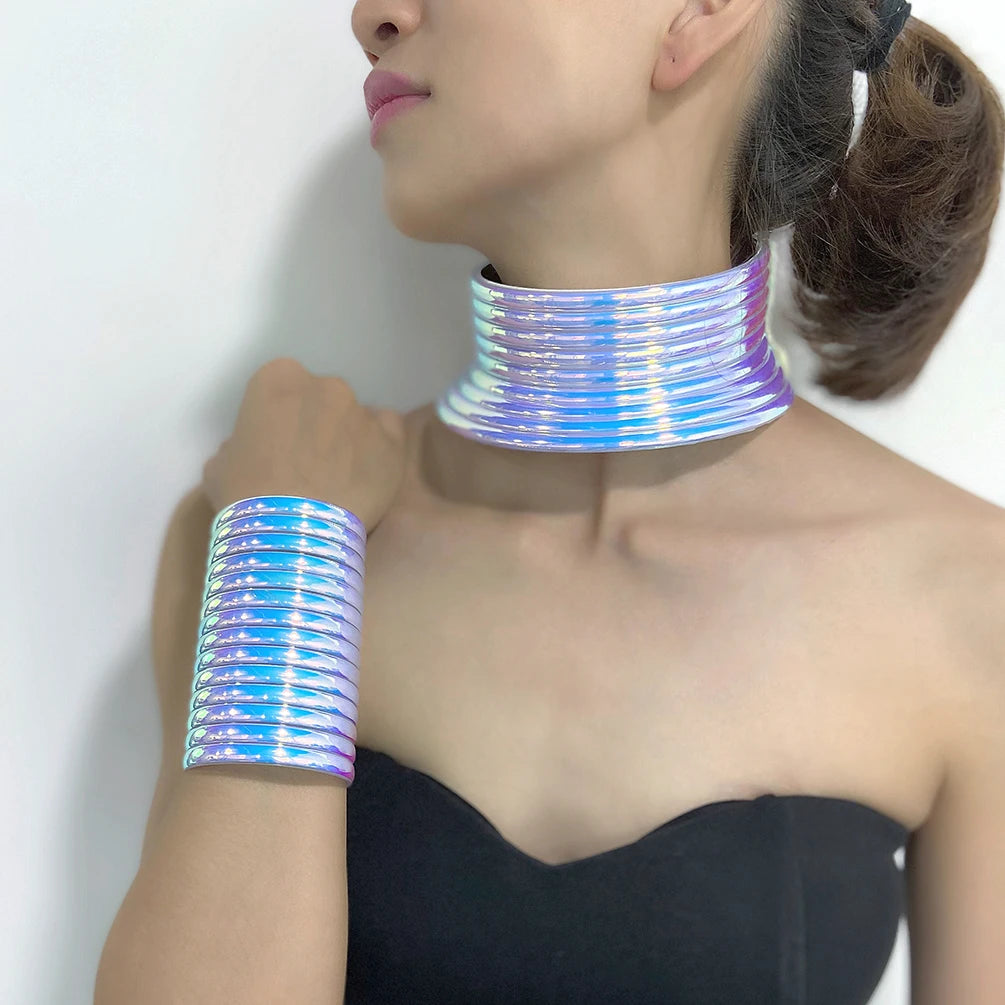 Hot Selling African Jewelry Sets Dubai Statement Magic Colorful Leather Collar Necklaces Adjustable Cuff Bracelet Set Choker