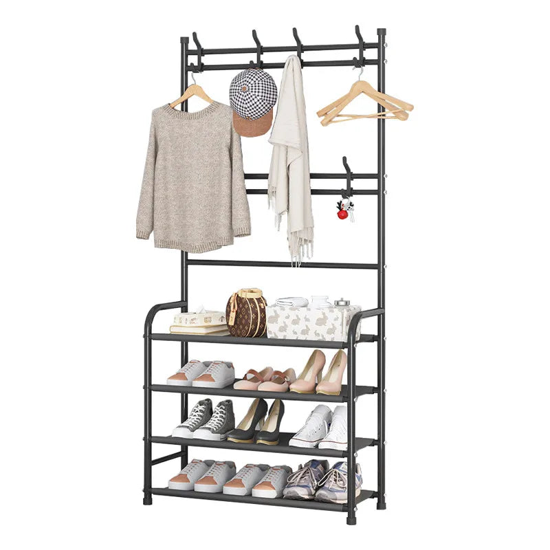 4 Layer Black White Hats Rack Iron Metal Adjustable Shoe Racks with Coat Rack Factory Shoes Stand