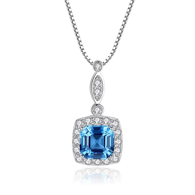 New Trendy 925 Sterling Silver Women Fashion Square Diamond Zircon Pendant Necklace