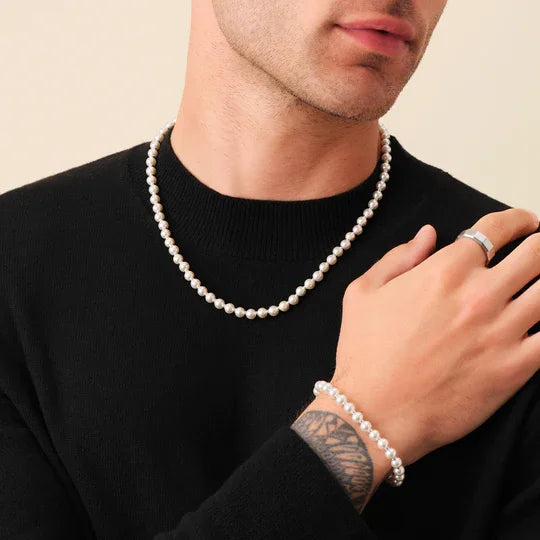 Dainty Pearl Gold Choker Necklace Bracelet Sets for Women Men Stylish 6mm Round Pearl Set Jewelry Necklace